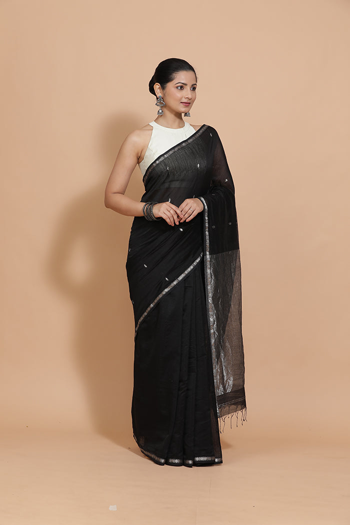 Maheshwari Cotton Silk Black Chameli Butta Saree with Silver Border-Binks