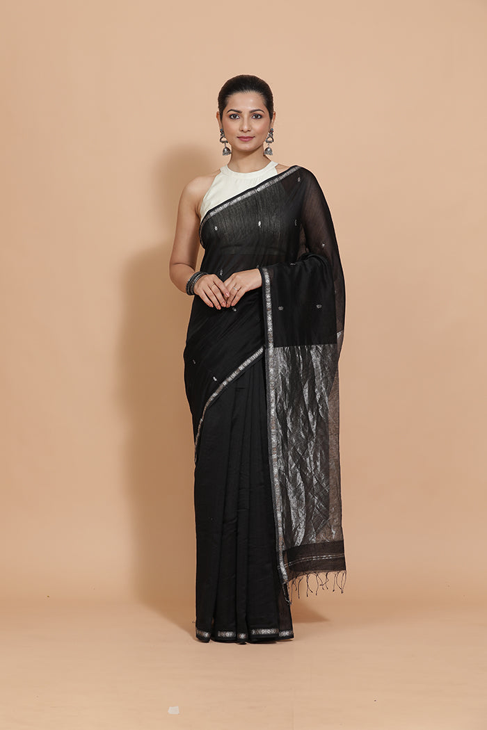 Maheshwari Cotton Silk Black Chameli Butta Saree with Silver Border-Binks