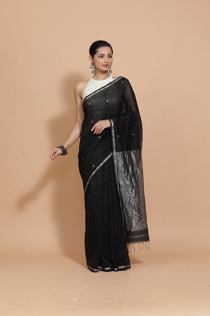 Maheshwari Cotton Silk Black Chameli Butta Saree with Silver Border-Binks