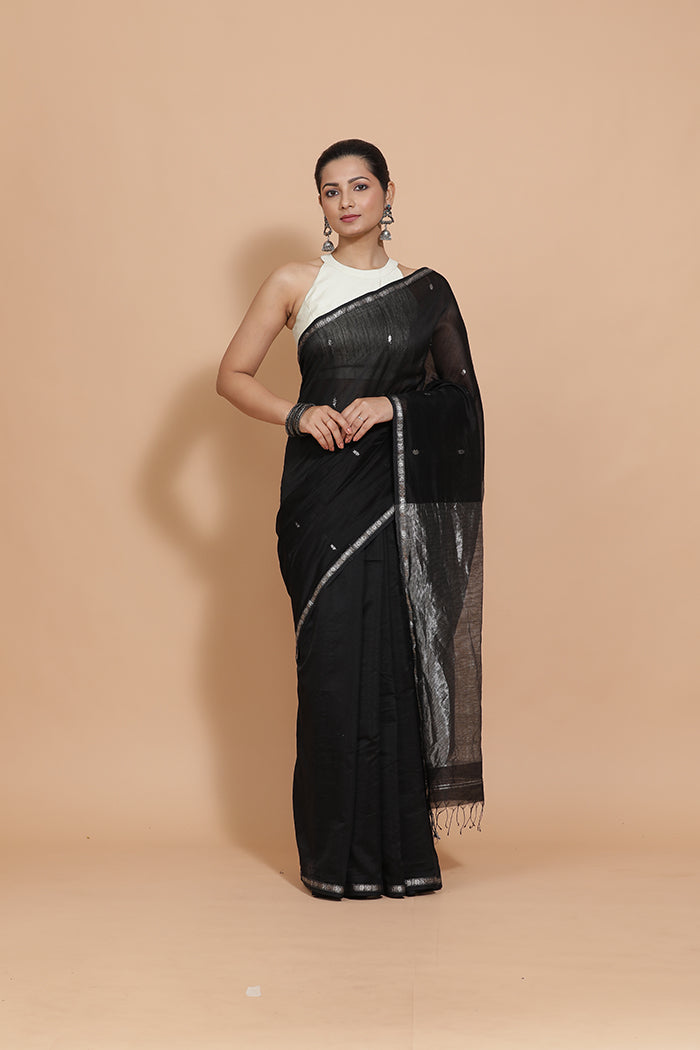 Maheshwari Cotton Silk Black Chameli Butta Saree with Silver Border-Binks