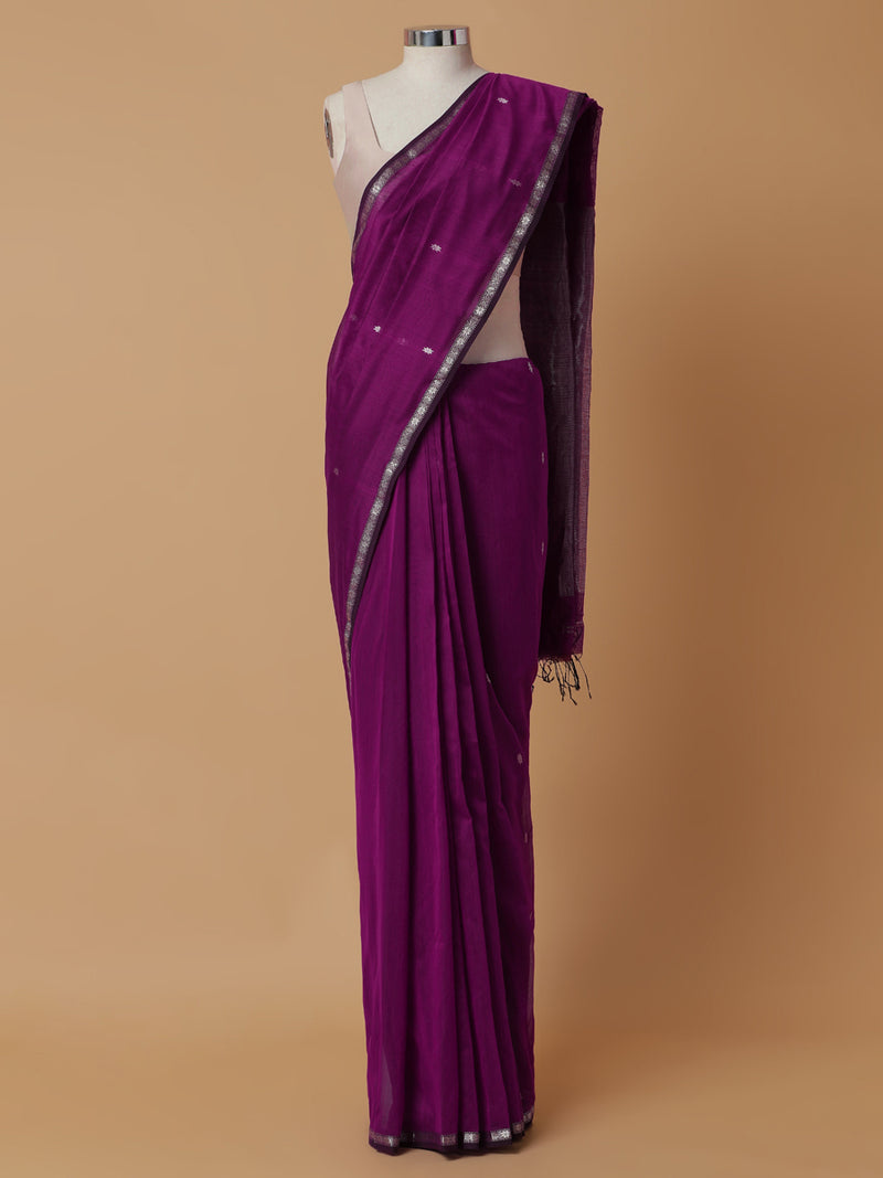 Maheshwari Cotton Silk Violet Chameli Butta Saree with Silver Border-Binks