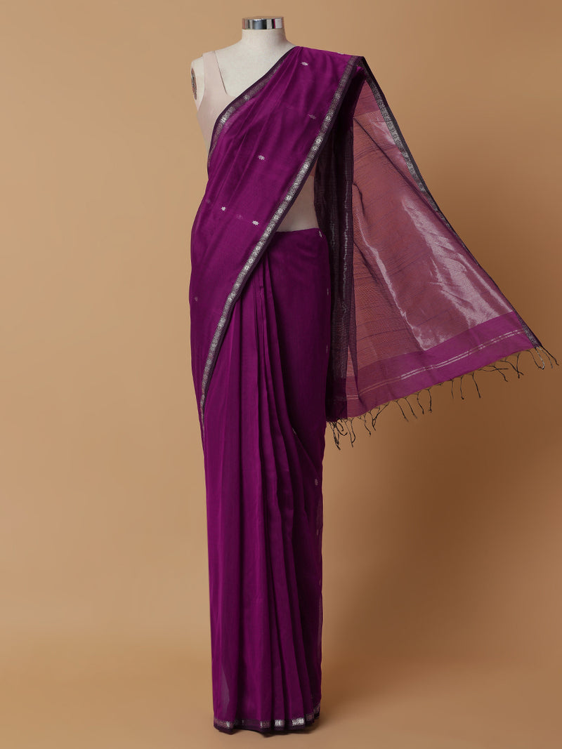 Maheshwari Cotton Silk Violet Chameli Butta Saree with Silver Border-Binks