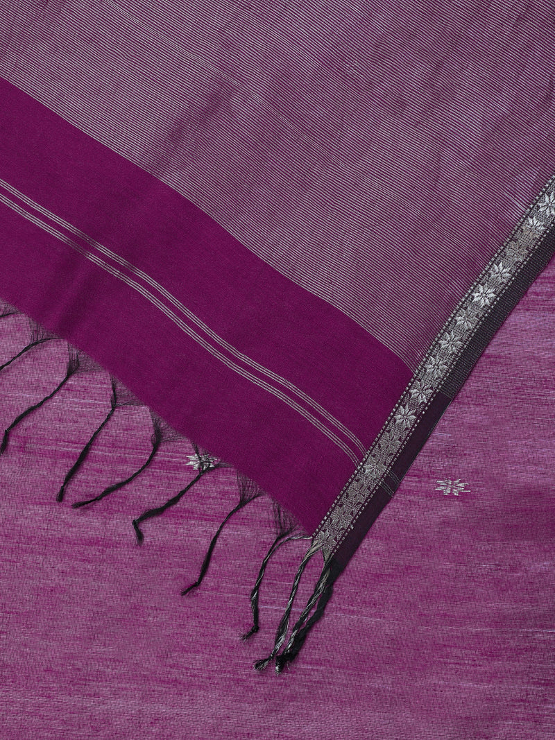 Maheshwari Cotton Silk Violet Chameli Butta Saree with Silver Border-Binks