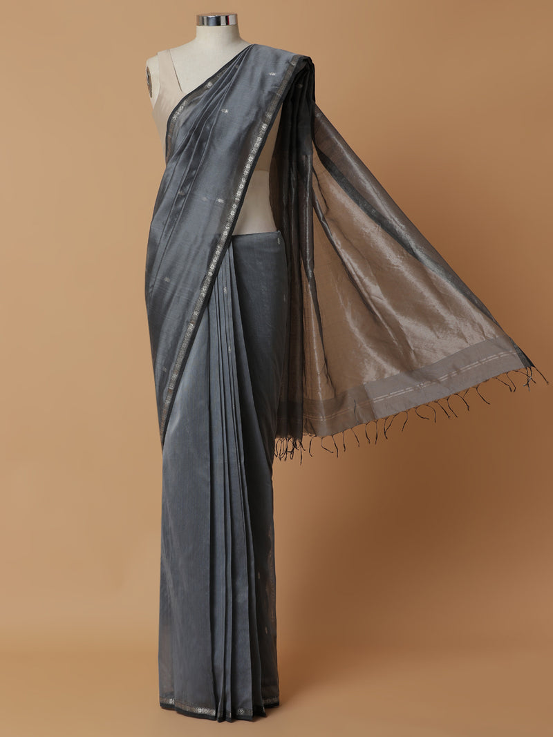 Maheshwari Cotton Silk Grey Chameli Butta Saree with Silver Border-Binks
