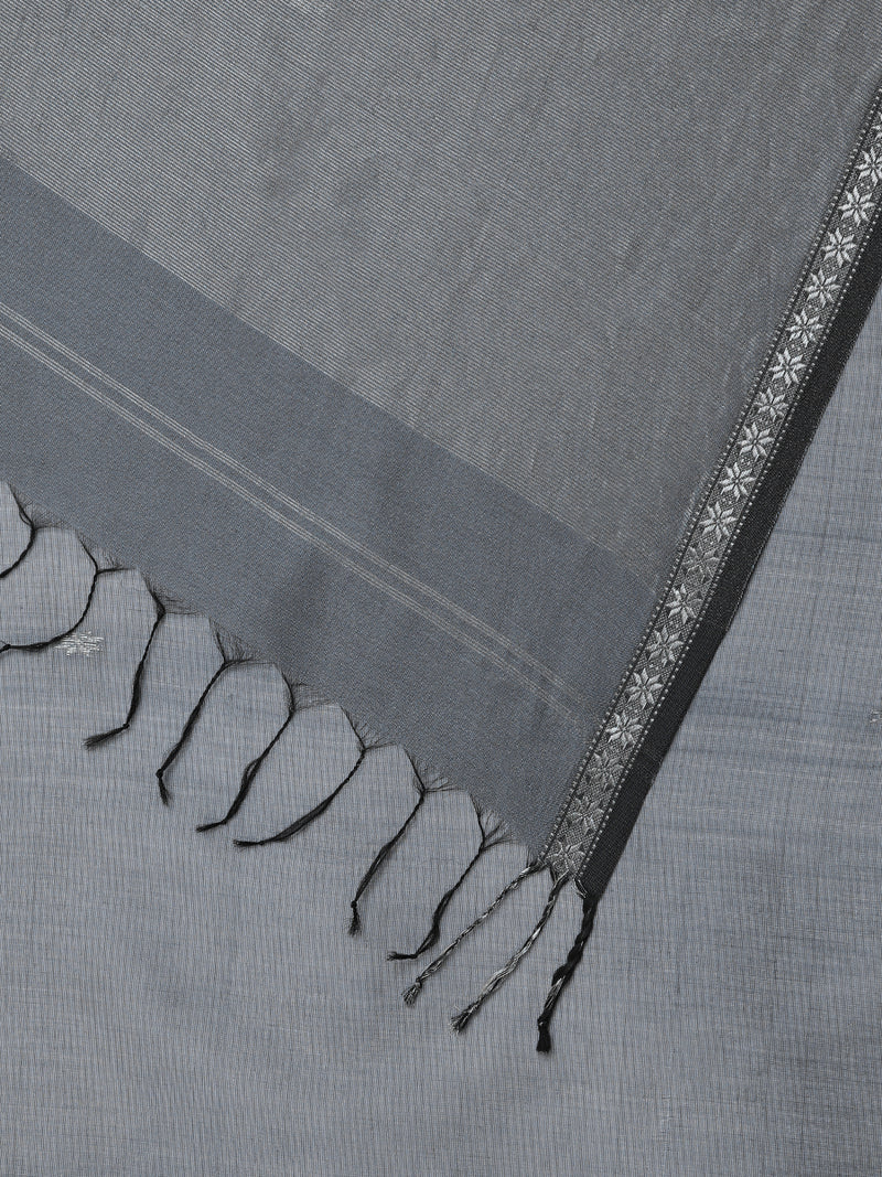 Maheshwari Cotton Silk Grey Chameli Butta Saree with Silver Border-Binks
