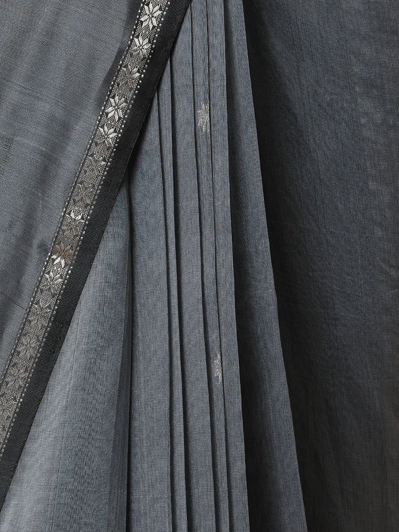 Maheshwari Cotton Silk Grey Chameli Butta Saree with Silver Border-Binks