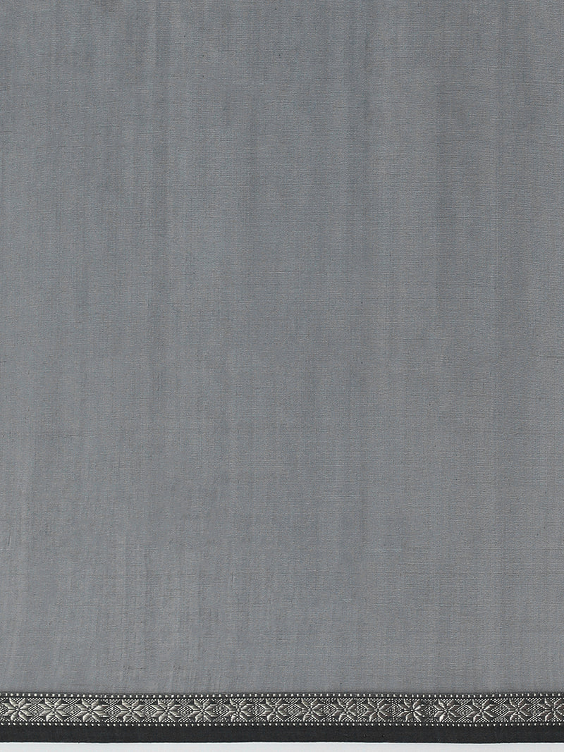 Maheshwari Cotton Silk Grey Chameli Butta Saree with Silver Border-Binks