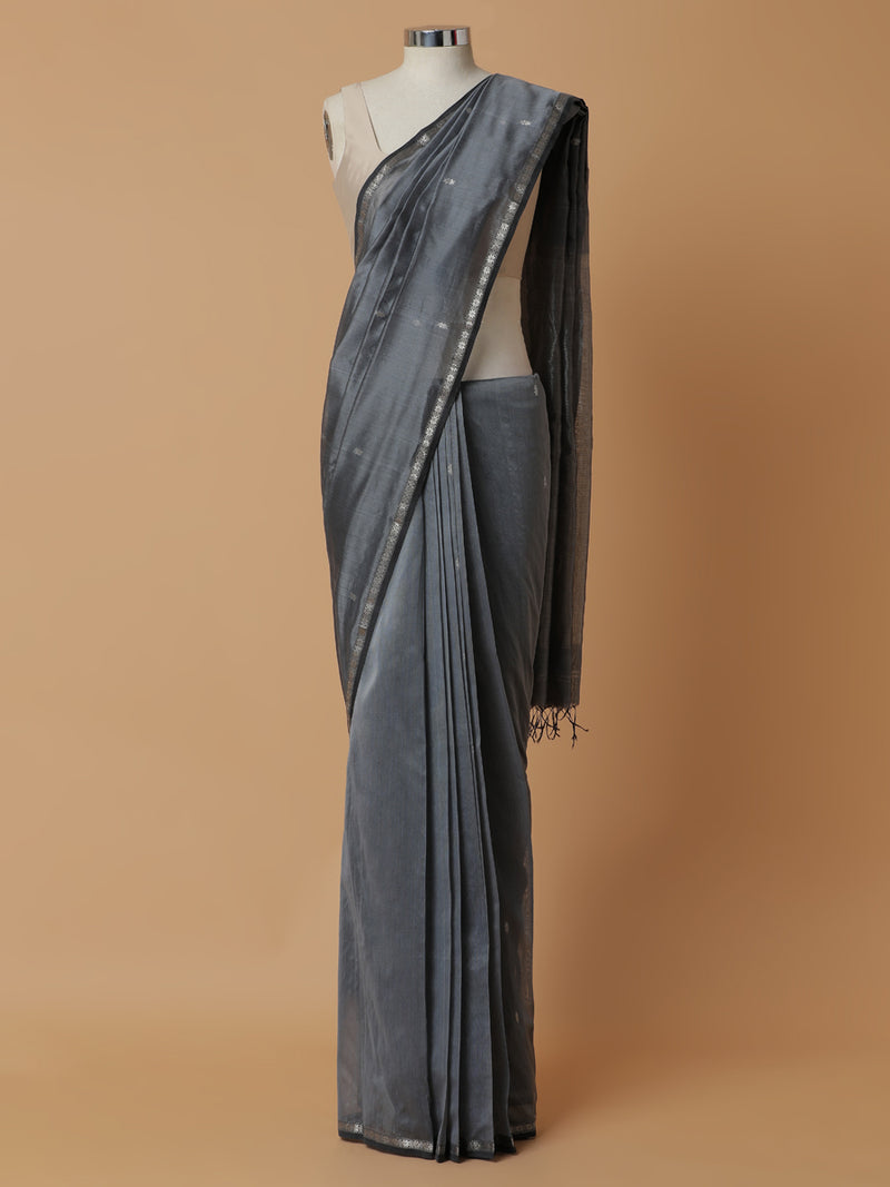 Maheshwari Cotton Silk Grey Chameli Butta Saree with Silver Border-Binks