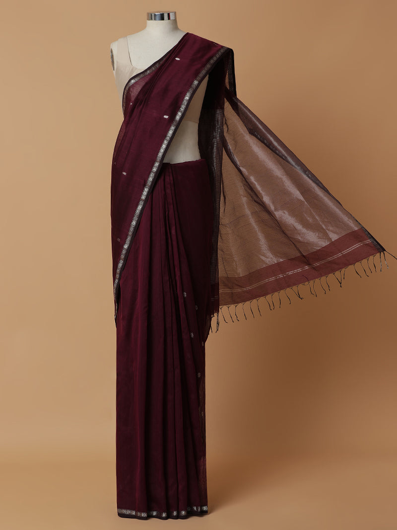 Maheshwari Cotton Silk Wine Chameli Butta Saree with Silver Border-Binks