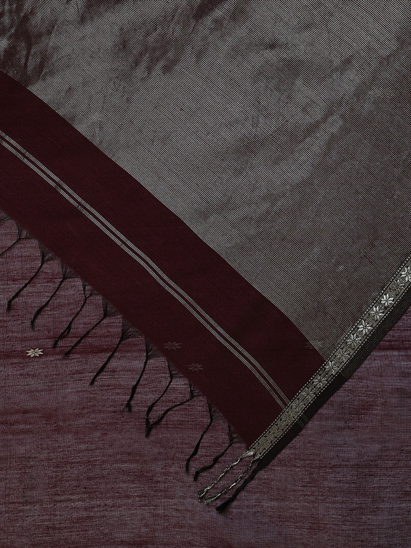 Maheshwari Cotton Silk Wine Chameli Butta Saree with Silver Border-Binks