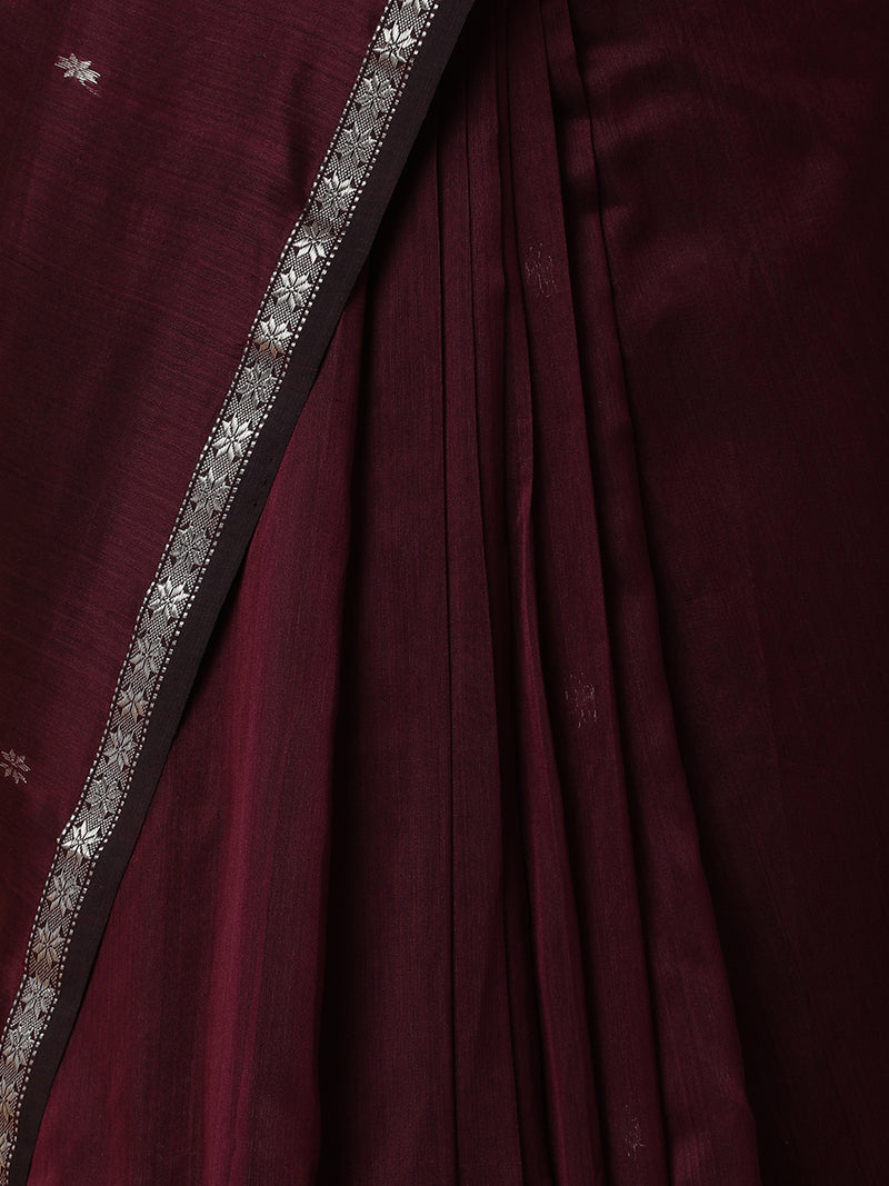 Maheshwari Cotton Silk Wine Chameli Butta Saree with Silver Border-Binks