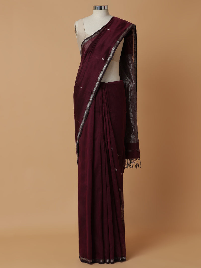 Maheshwari Cotton Silk Wine Chameli Butta Saree with Silver Border-Binks