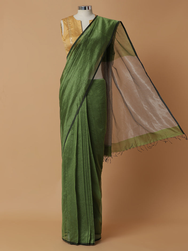 Maheshwari Cotton Silk Green Striped Saree With Silver Border-Binks