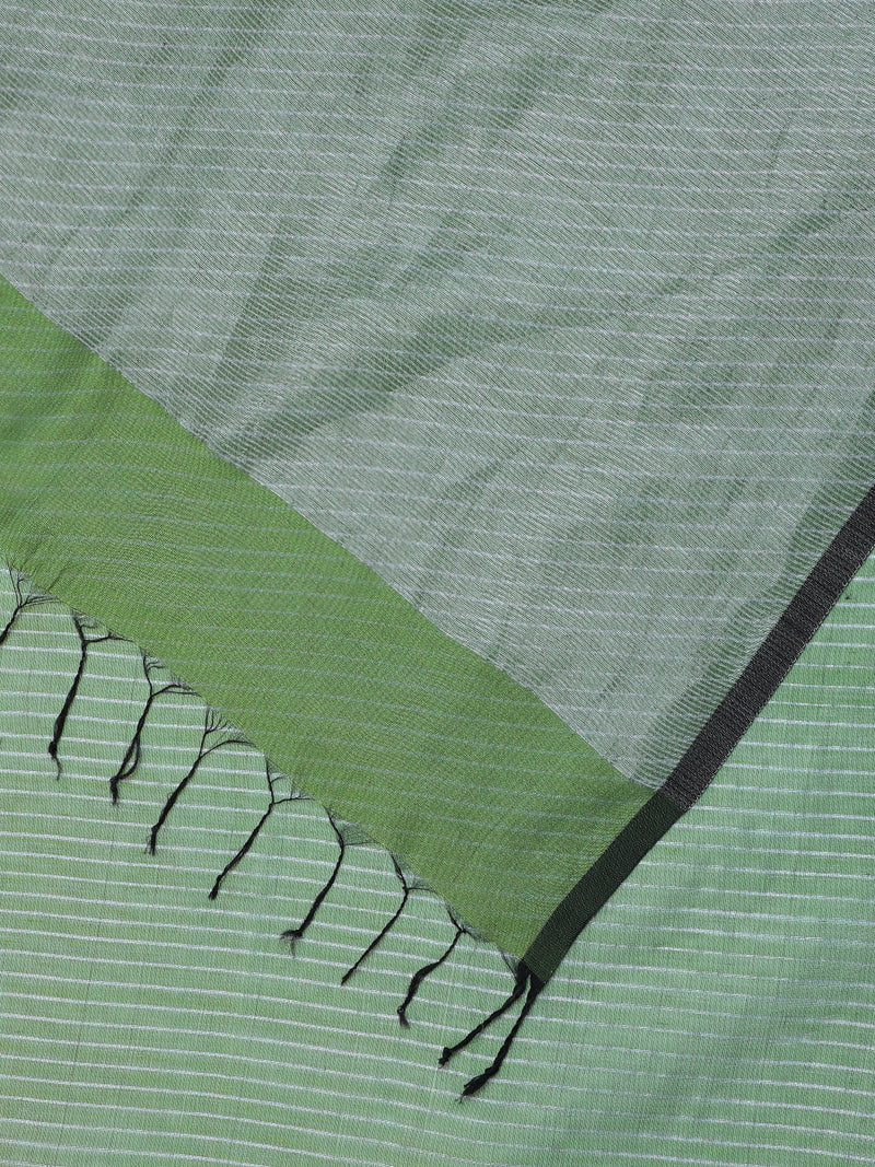 Maheshwari Cotton Silk Green Striped Saree With Silver Border-Binks