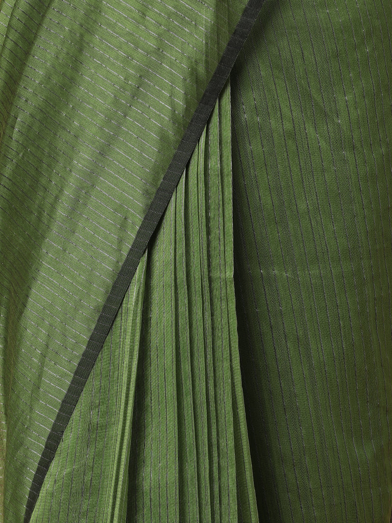 Maheshwari Cotton Silk Green Striped Saree With Silver Border-Binks