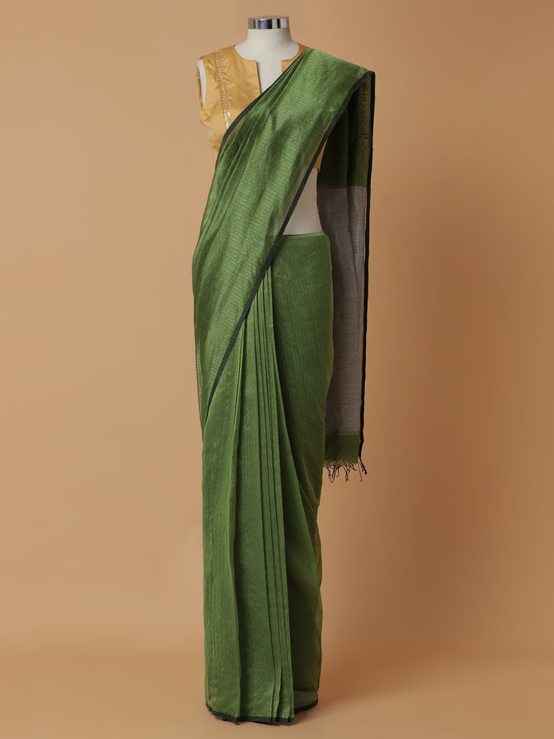 Maheshwari Cotton Silk Green Striped Saree With Silver Border-Binks