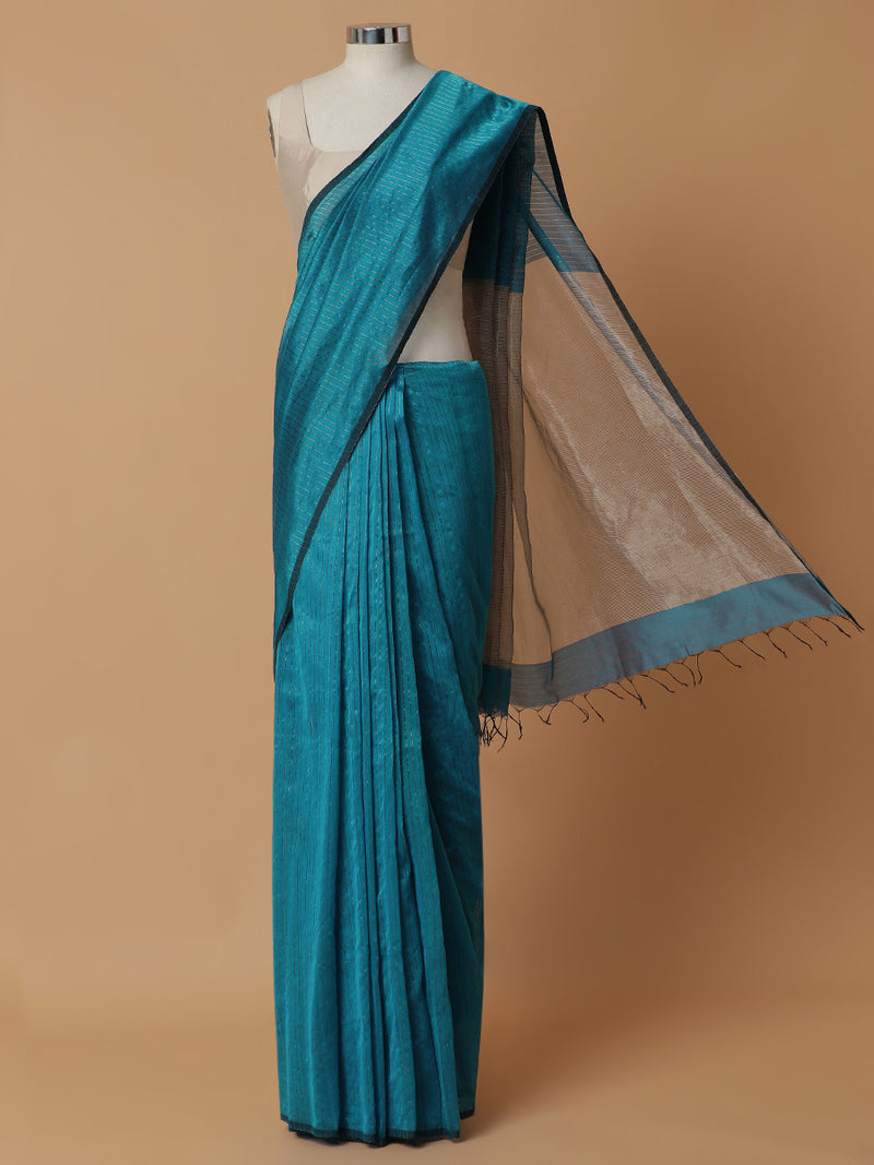 Maheshwari Cotton Silk Blue Striped Saree With Silver Border-Binks