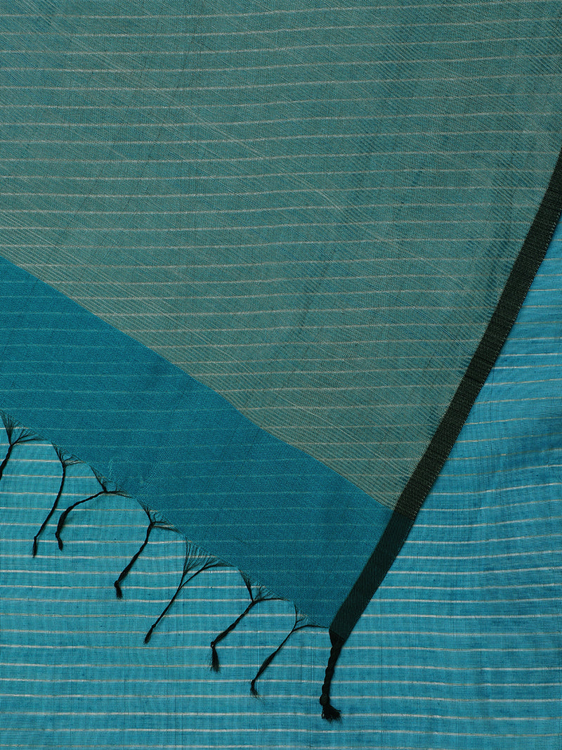 Maheshwari Cotton Silk Blue Striped Saree With Silver Border-Binks