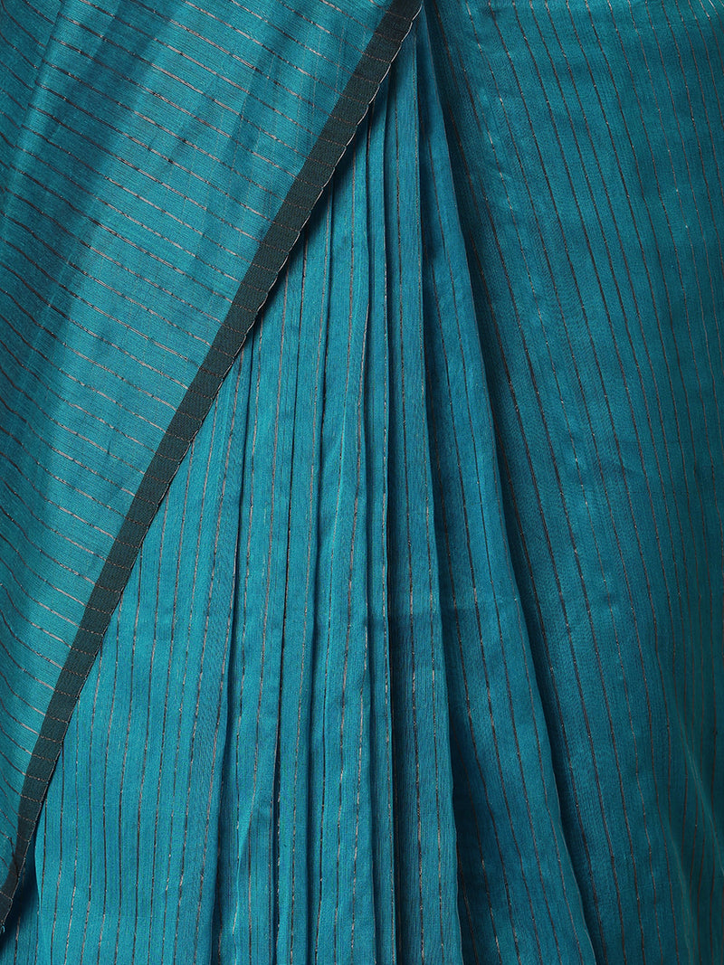Maheshwari Cotton Silk Blue Striped Saree With Silver Border-Binks