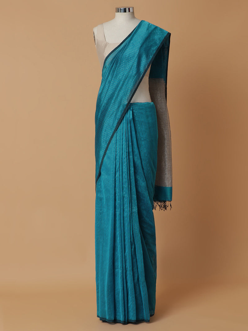 Maheshwari Cotton Silk Blue Striped Saree With Silver Border-Binks