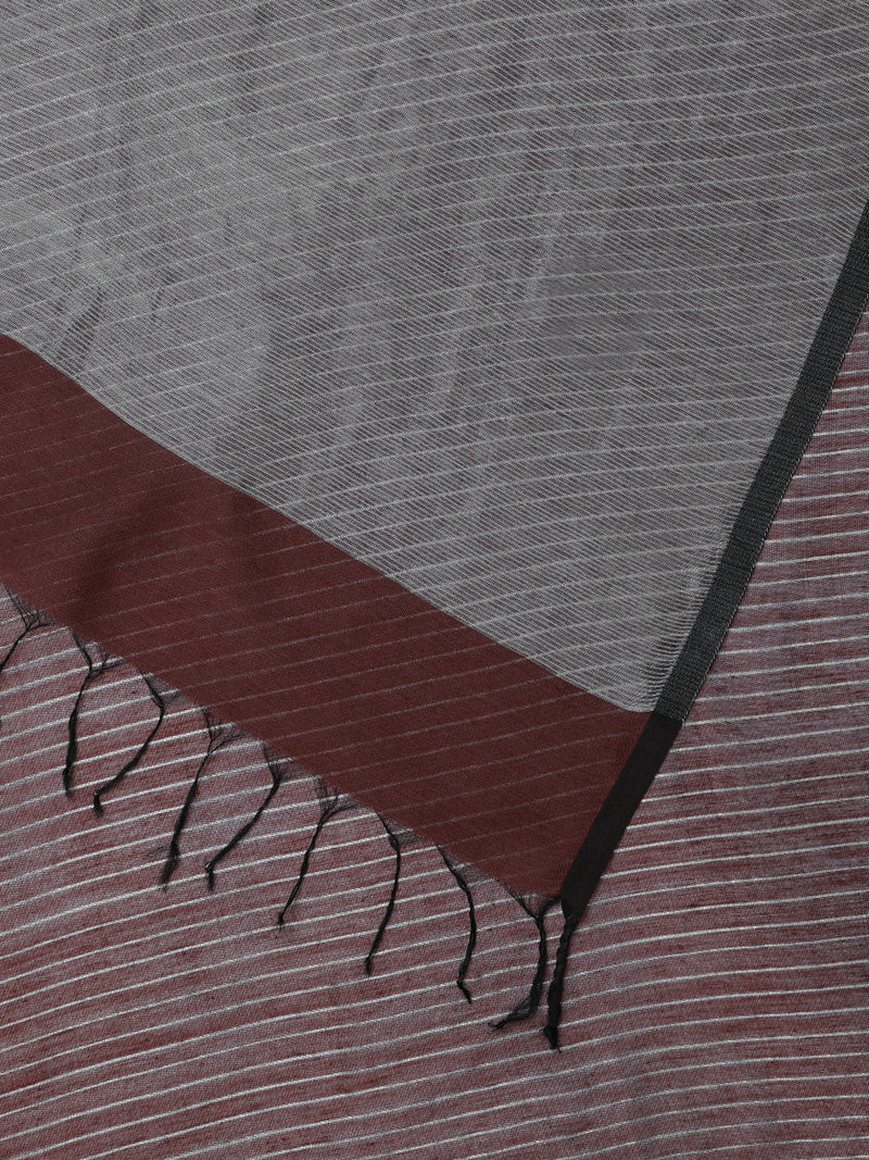 Maheshwari Cotton Silk Brown Striped Saree With Silver Border-Binks
