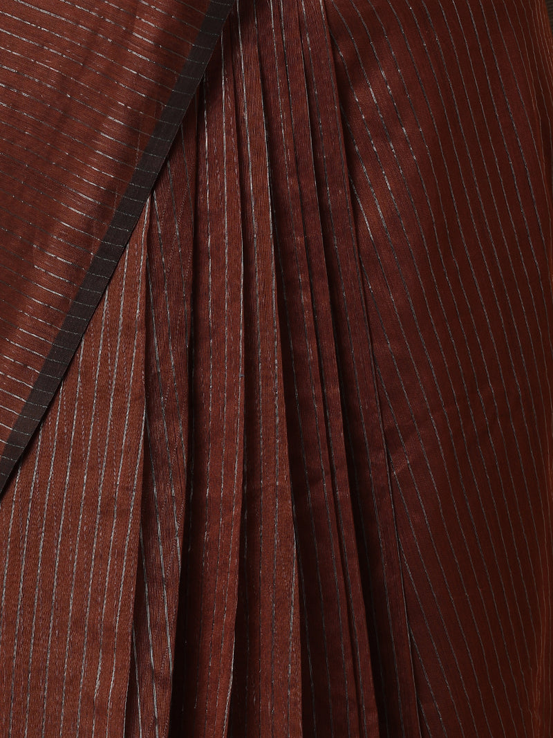 Maheshwari Cotton Silk Brown Striped Saree With Silver Border-Binks