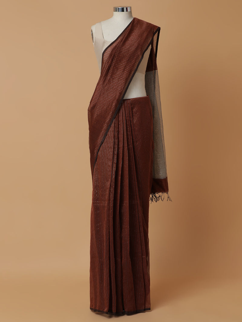 Maheshwari Cotton Silk Brown Striped Saree With Silver Border-Binks