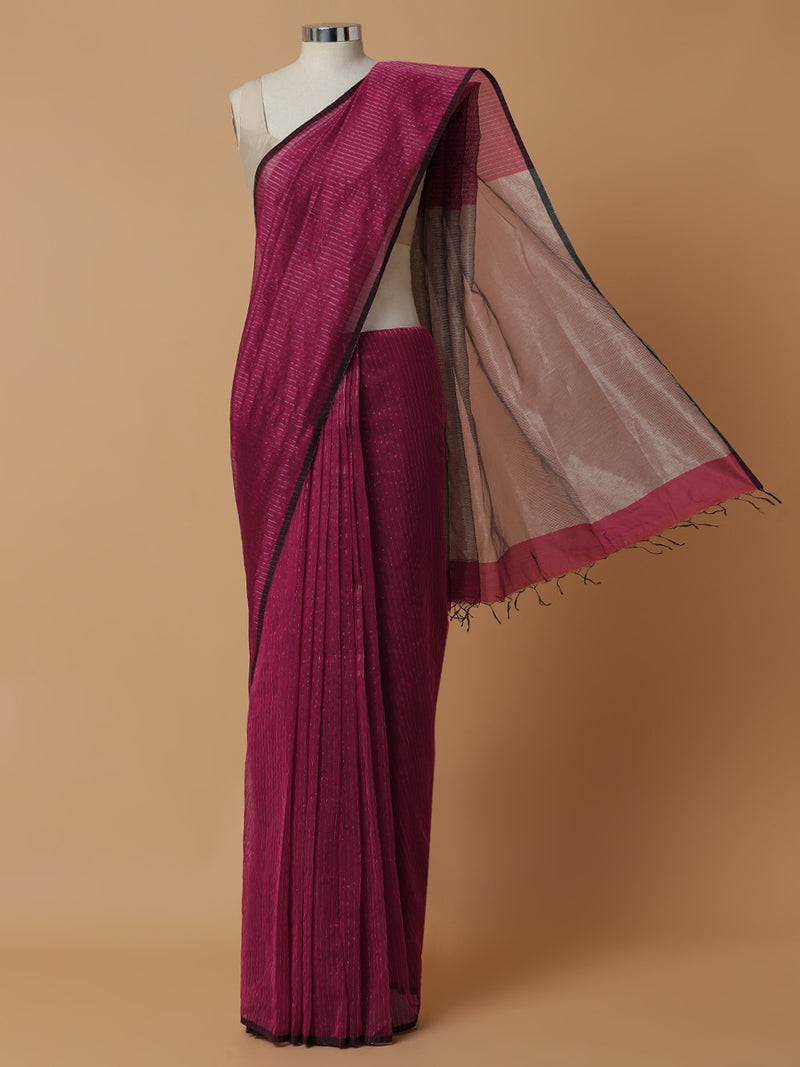 Maheshwari Cotton Silk Pink Striped Saree With Silver Border-Binks