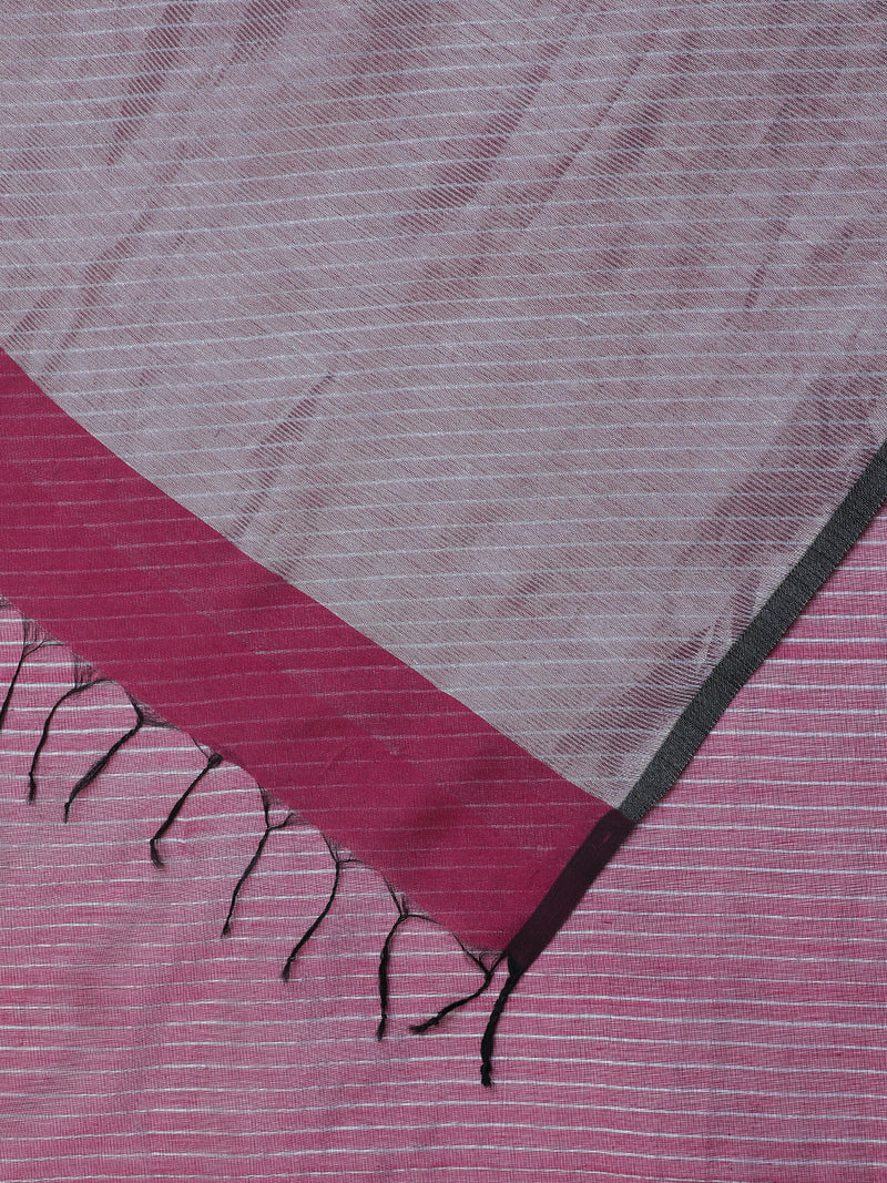 Maheshwari Cotton Silk Pink Striped Saree With Silver Border-Binks