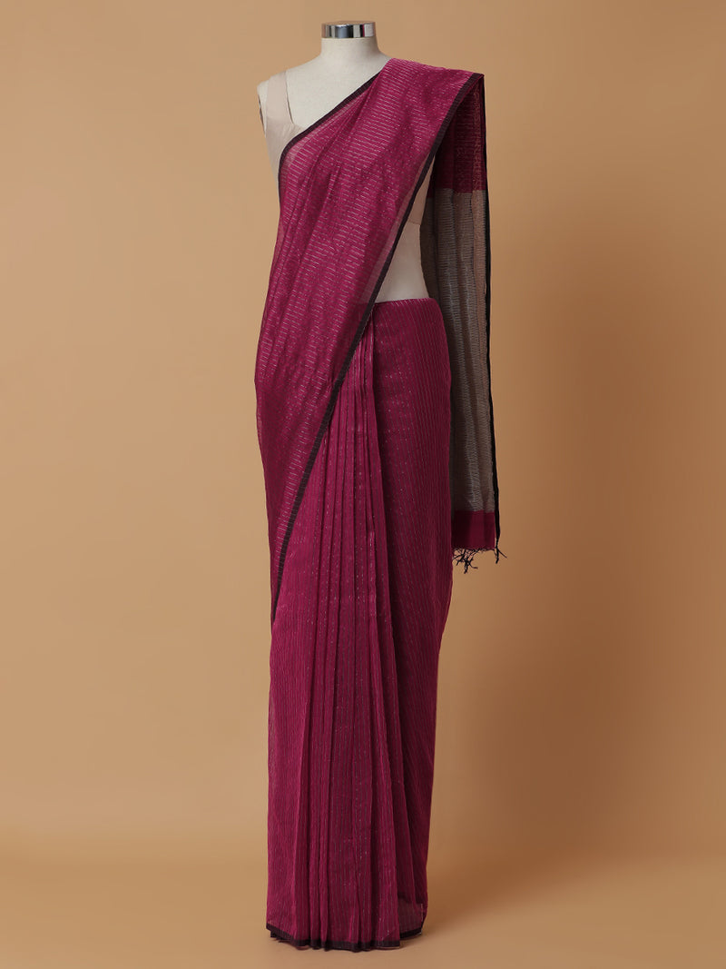 Maheshwari Cotton Silk Pink Striped Saree With Silver Border-Binks