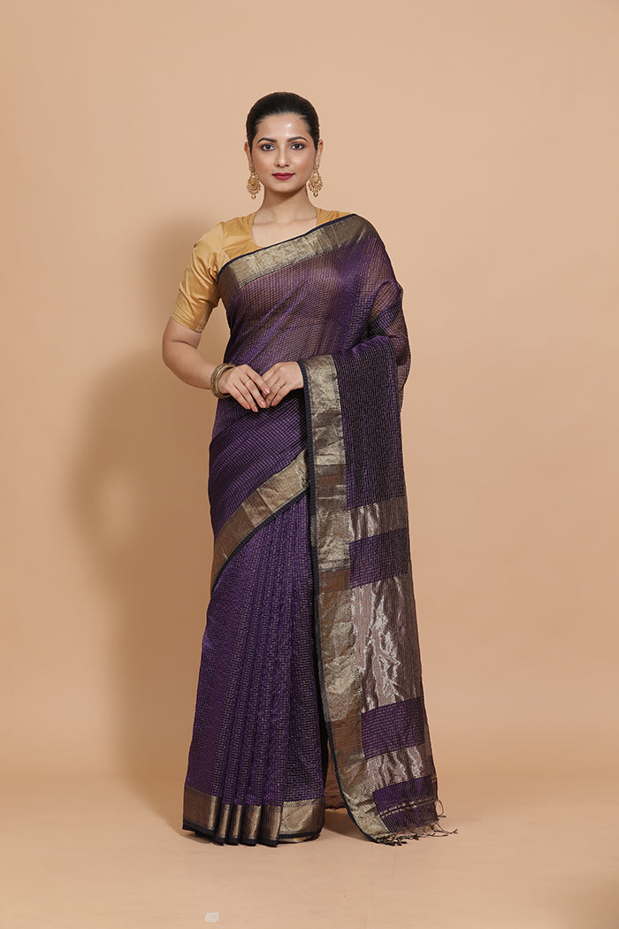 Maheshwari Cotton Silk Deep Violet Pin Check Zari Saree-Binks