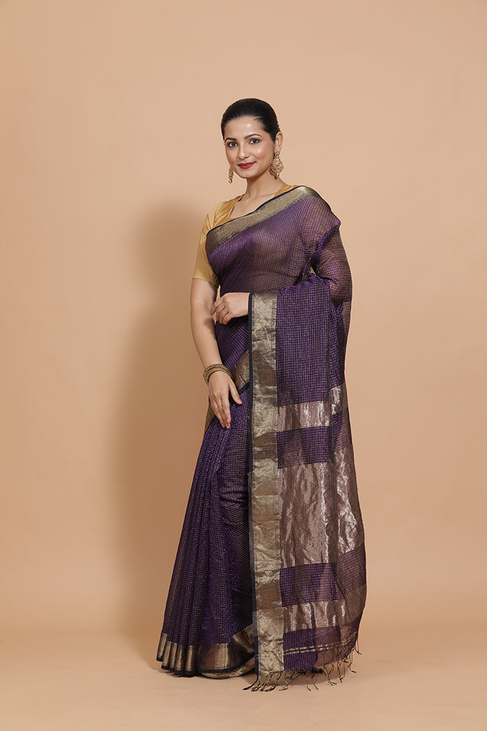 Maheshwari Cotton Silk Deep Violet Pin Check Zari Saree-Binks