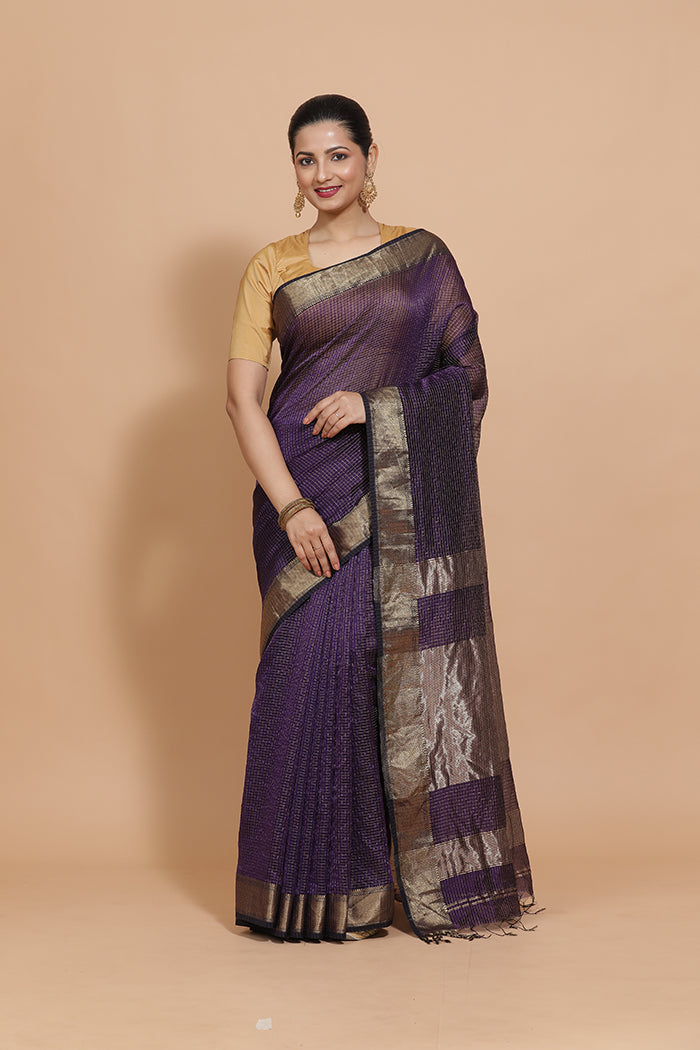 Maheshwari Cotton Silk Deep Violet Pin Check Zari Saree-Binks