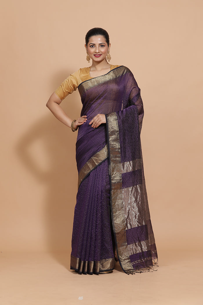 Maheshwari Cotton Silk Deep Violet Pin Check Zari Saree-Binks