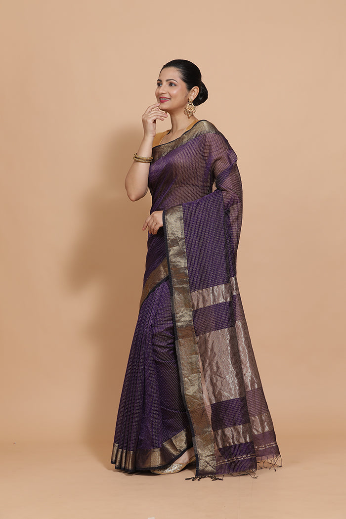 Maheshwari Cotton Silk Deep Violet Pin Check Zari Saree-Binks
