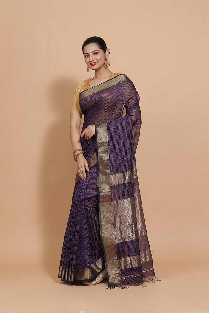 Maheshwari Cotton Silk Deep Violet Pin Check Zari Saree-Binks