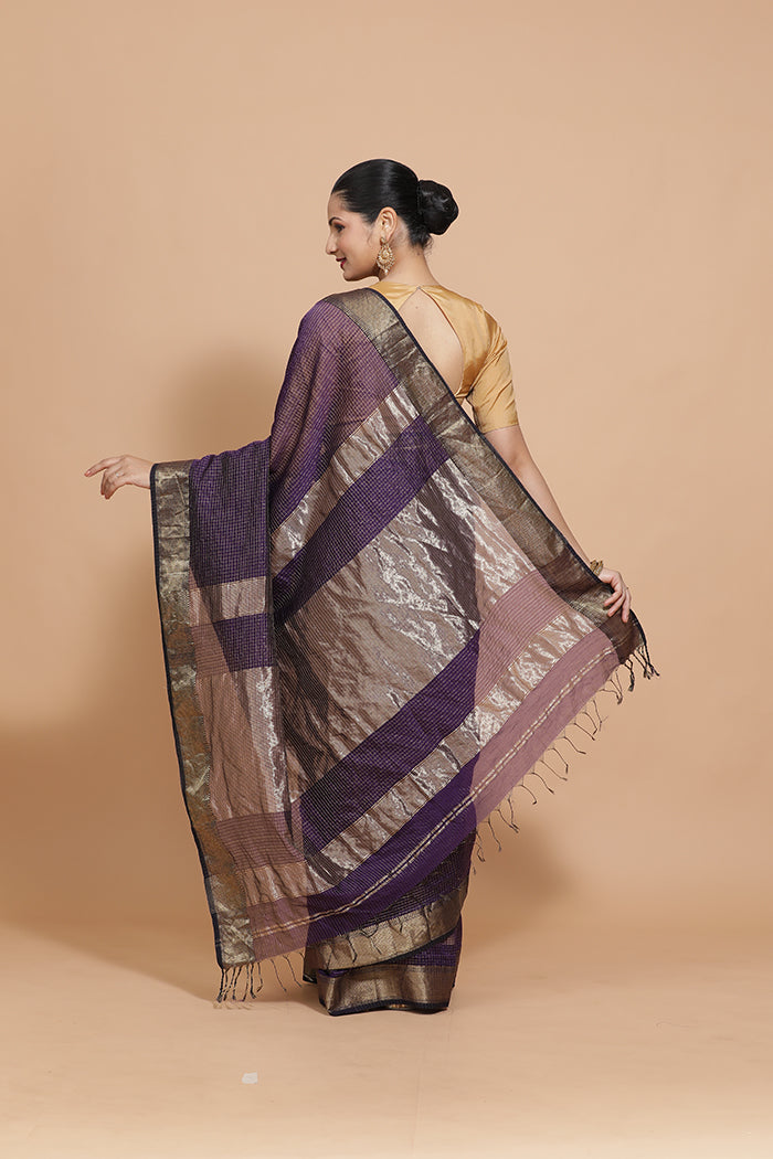 Maheshwari Cotton Silk Deep Violet Pin Check Zari Saree-Binks