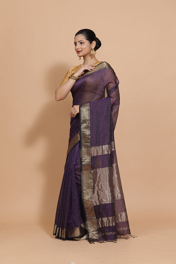 Maheshwari Cotton Silk Deep Violet Pin Check Zari Saree-Binks