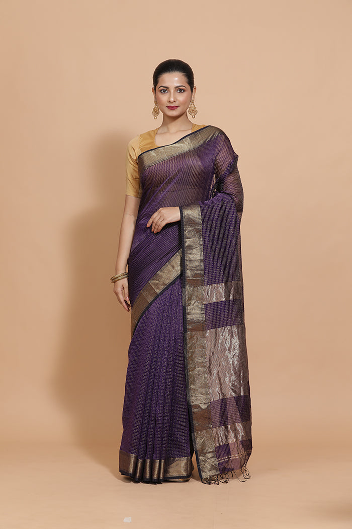 Maheshwari Cotton Silk Deep Violet Pin Check Zari Saree-Binks