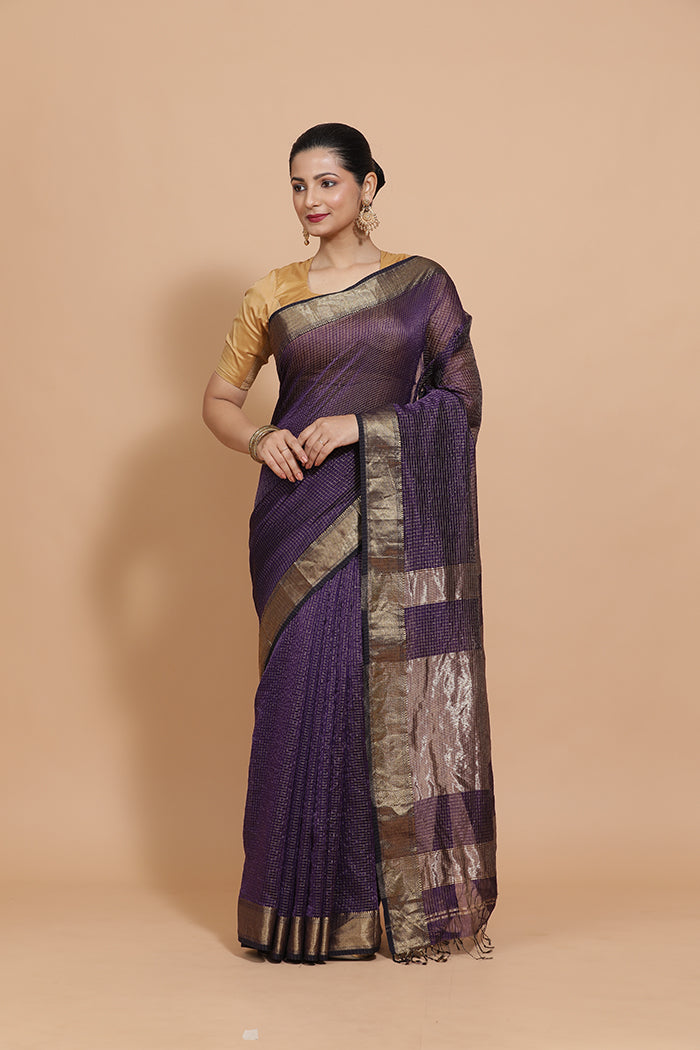 Maheshwari Cotton Silk Deep Violet Pin Check Zari Saree-Binks
