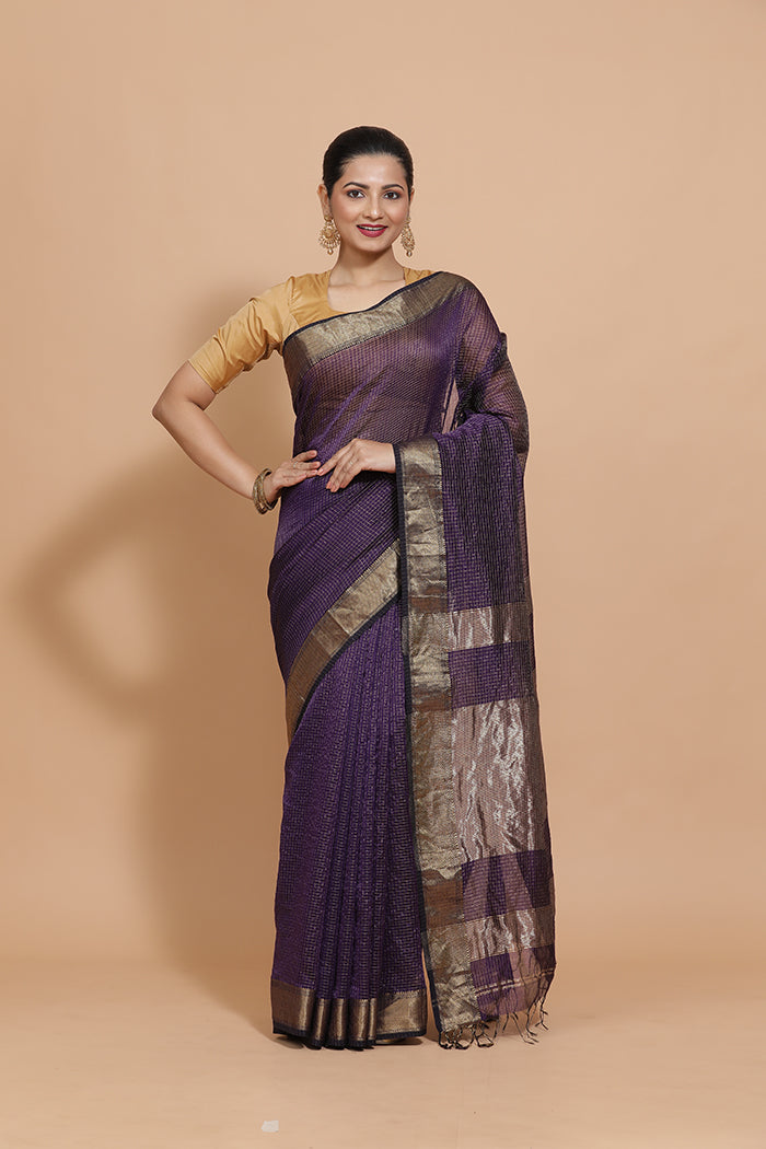 Maheshwari Cotton Silk Deep Violet Pin Check Zari Saree-Binks