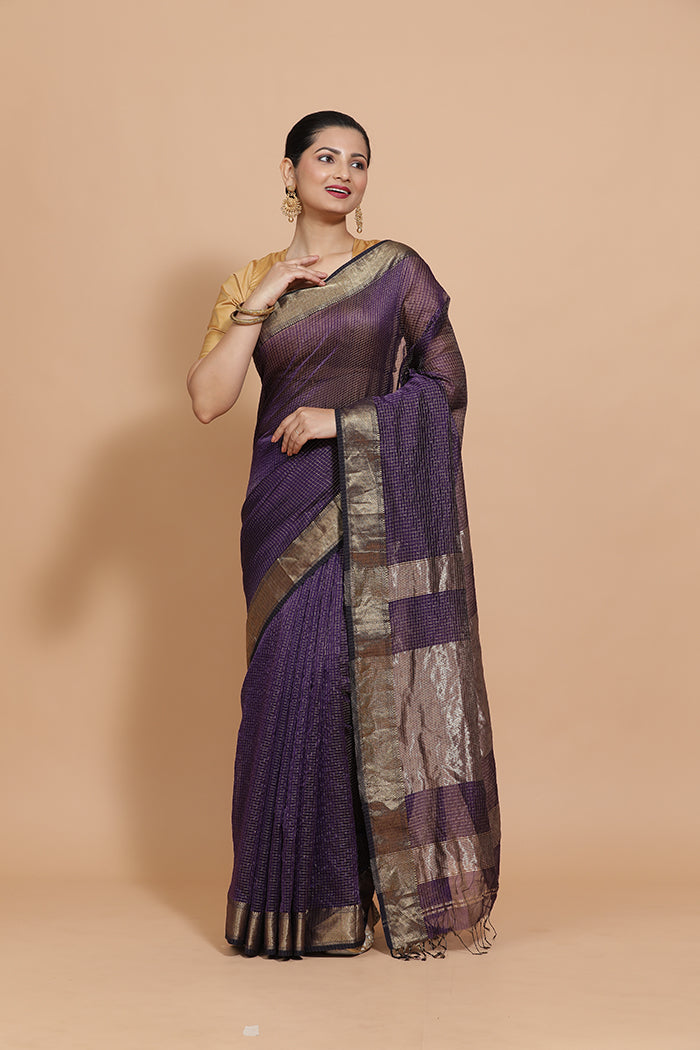 Maheshwari Cotton Silk Deep Violet Pin Check Zari Saree-Binks