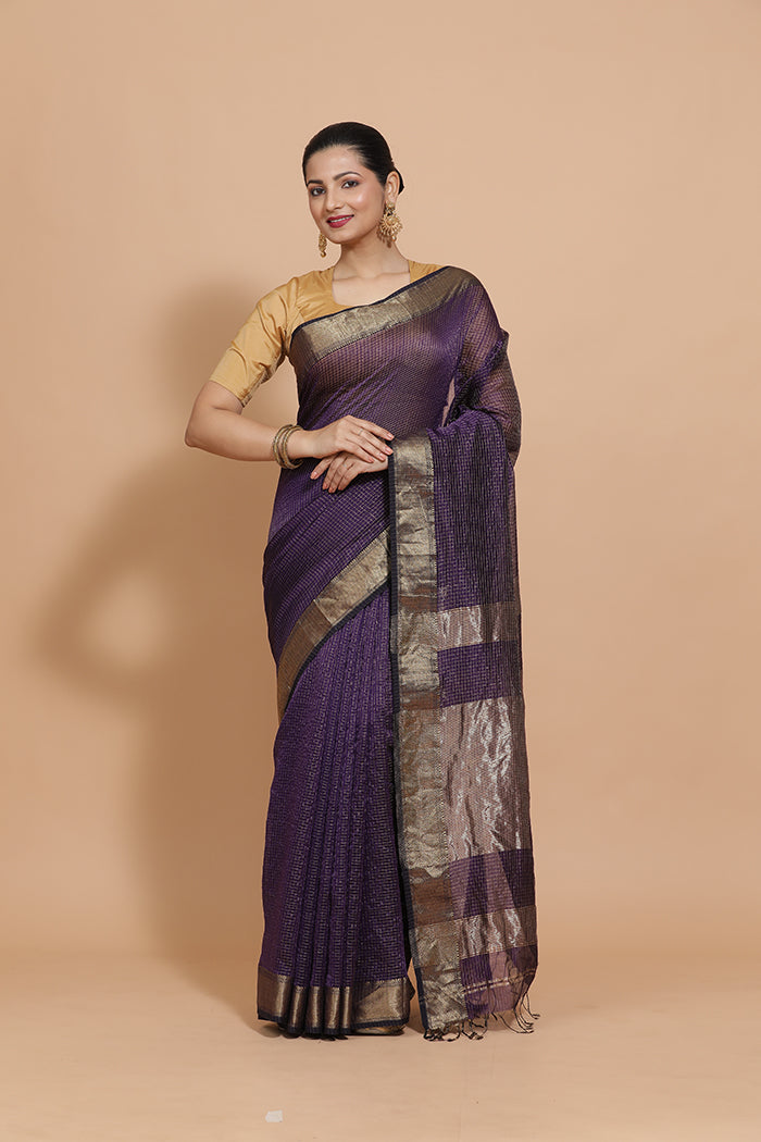 Maheshwari Cotton Silk Deep Violet Pin Check Zari Saree-Binks