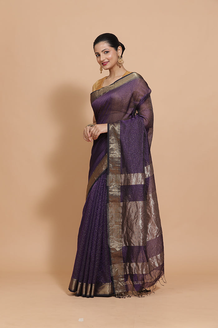 Maheshwari Cotton Silk Deep Violet Pin Check Zari Saree-Binks