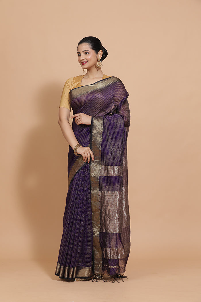 Maheshwari Cotton Silk Deep Violet Pin Check Zari Saree-Binks