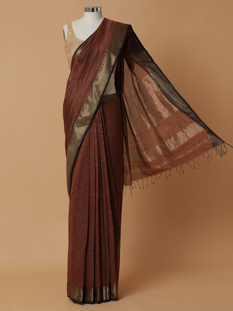 Maheshwari Cotton Silk Brown Pin Check Zari Saree-Binks