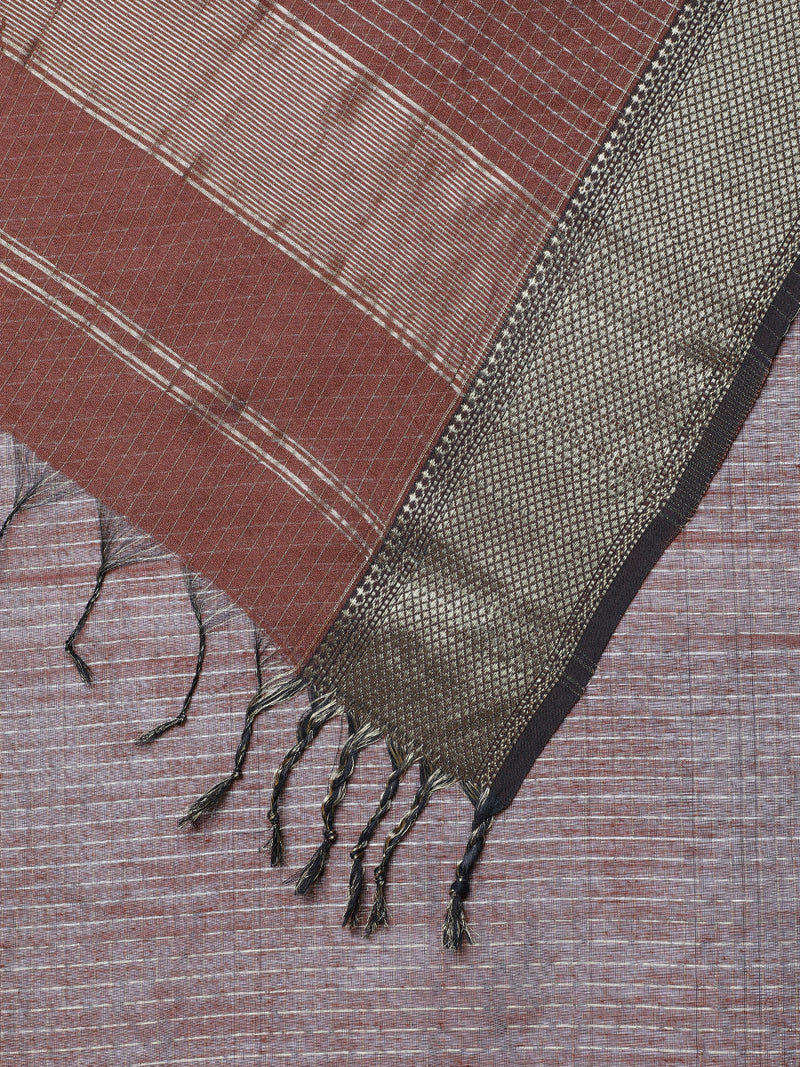 Maheshwari Cotton Silk Brown Pin Check Zari Saree-Binks