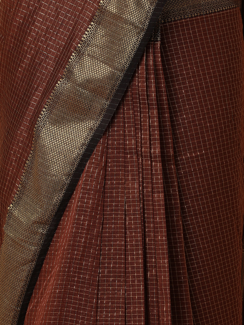 Maheshwari Cotton Silk Brown Pin Check Zari Saree-Binks