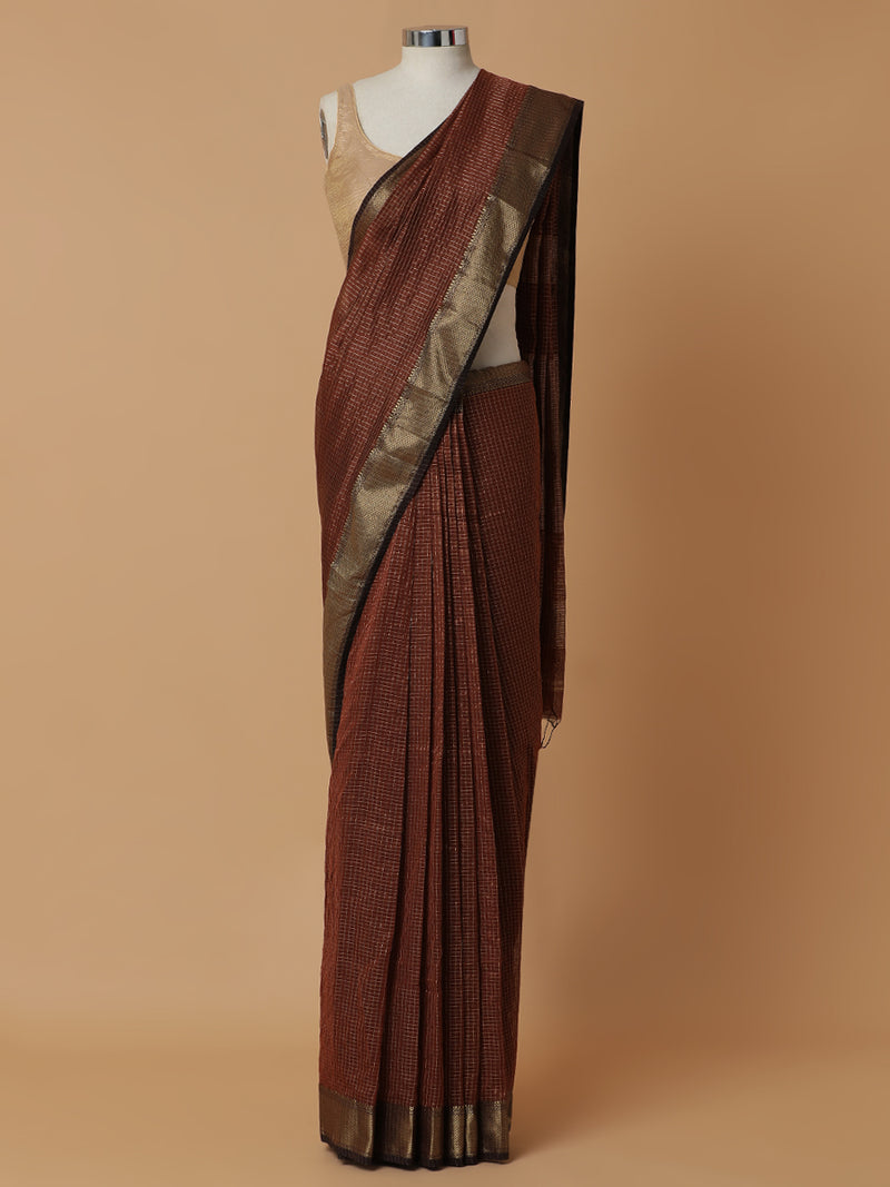 Maheshwari Cotton Silk Brown Pin Check Zari Saree-Binks
