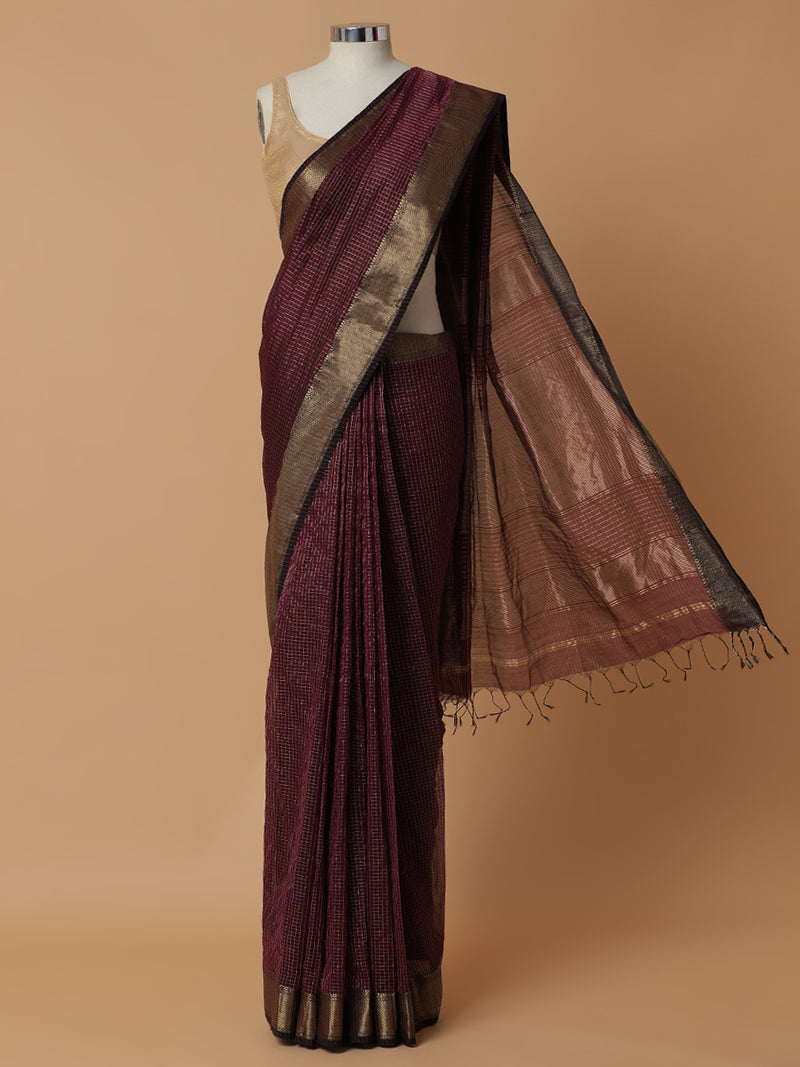 Maheshwari Cotton Silk Wine Pin Check Zari Saree-Binks